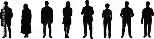 Standing people silhouettes collection, men and women full body poses, diverse characters isolated, black vector illustration set