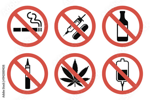 Health safety prohibition signs pack including no drugs smoking and alcohol intake vector silhouettes