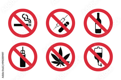 Collection of red and black prohibition signs for smoking, alcohol, drugs, and other substances