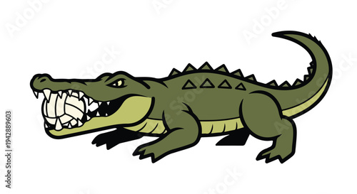 Cartoon illustration of an aggressive green crocodile with an open mouth and sharp teeth on a white background.