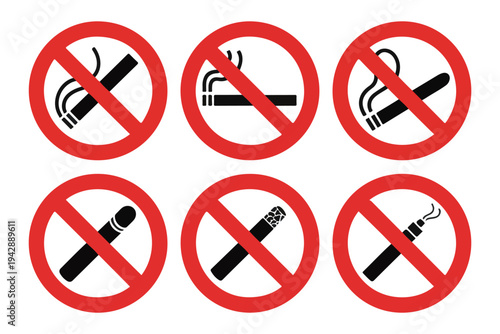 Various red and black no smoking icons with different types of tobacco products and smoking devices