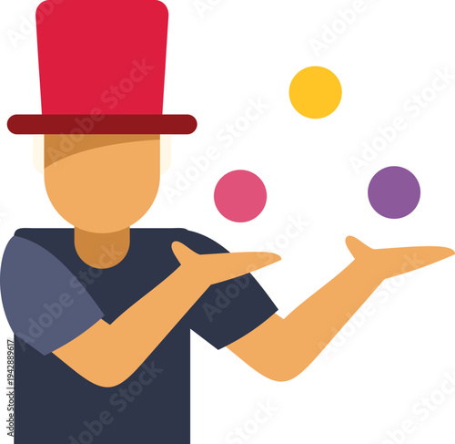 Juggler wearing a top hat performing an act of skill and balance with three colorful balls