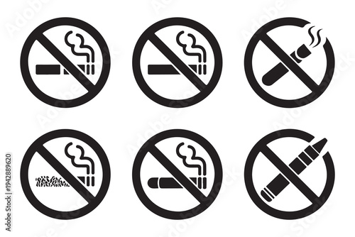 Set of black and white no smoking icons featuring various tobacco products and smoking methods
