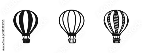 Hot air balloon icon set in solid, outline, and hand-drawn styles, representing adventure and sky travel.