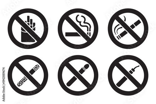 Collection of prohibited smoking signs various types illustrations vector graphics for design and prohibition
