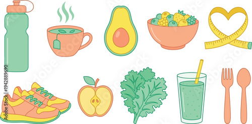 Healthy living nutrition wellness icons with herbal tea avocado running shoes green smoothie in mint green yellow peach for lifestyle design