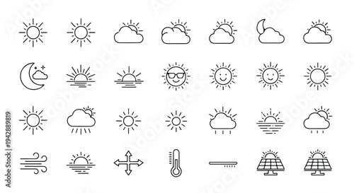 A collection of 32 weather icons in black and white, featuring various sun, cloud, and wind symbols on a clean white background.