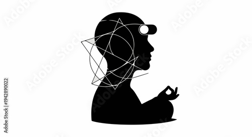 Silhouette of a person meditating with geometric patterns representing thought and connection