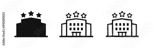 Hotel building with three stars icon set in solid, outline, and hand-drawn styles for hospitality and tourism.