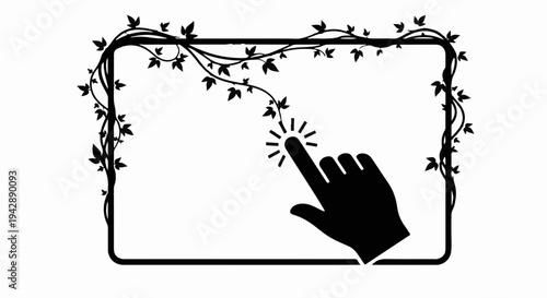 Digital interaction symbolized by a finger touching a screen framed with natural vines.
