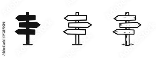 Directional signpost icon set in solid, outline, and hand-drawn styles for navigation and choice concepts.