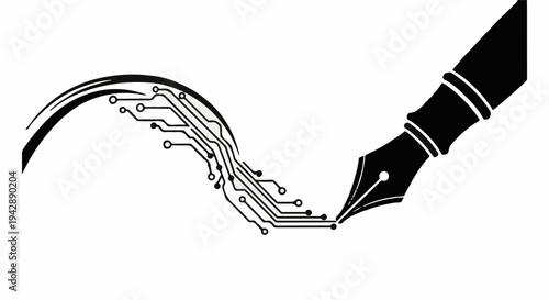 Fountain pen creating a digital circuit path, symbolizing innovation and technology in writing.