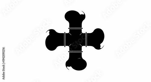 Stylized black cross shape made of bone-like elements against a white background