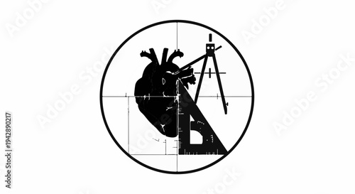 Anatomical heart with drafting tools symbolizing precise emotional design and planning in love