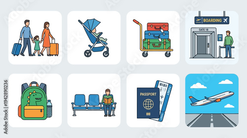 Family Travel Airport Icons Collection