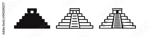 Ancient pyramid or temple icon set. Historical landmark symbols in solid, outline, and hand-drawn sketch styles. Vector illustration.