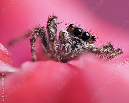 Jumping spider tries to hide in a pink flower