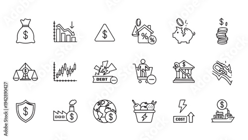 Economic Crisis Inflation and Financial Recession Risk Icon Set for Finance Analytics App UI Design