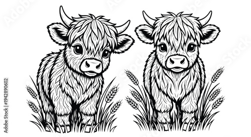 Black and white illustration of two highland cows standing in grass with a line art style on a white background.
