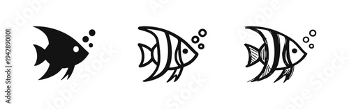 Tropical fish and bubbles icon set. Underwater sea life symbols in solid, outline, and hand-drawn sketch styles. Vector illustration.