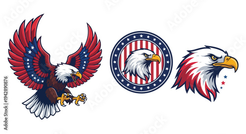 Three American bald eagle logos with red, white, and blue colors on a white background, featuring various designs and styles.