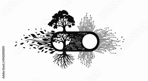 Tree of life transitioning from nature to digital circuit board symbolizing evolution and technology