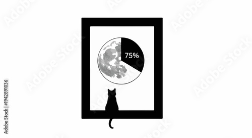 Curious cat gazes at a moon graphic with a percentage indicator, symbolizing progress or a deadline.