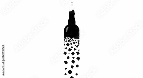 Abstract representation of a dark bottle dissolving into geometric shapes against a white background.