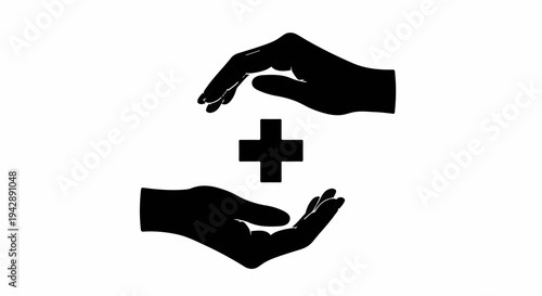 Caring hands protect and support a medical cross symbol, representing healthcare and well-being.