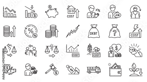 Economic Recession Debt Burden and Financial Hardship Risk Icon Set for Banking Finance App UI Design