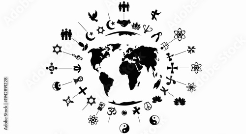 Diverse global religions and symbols encircling planet Earth, representing unity and spirituality