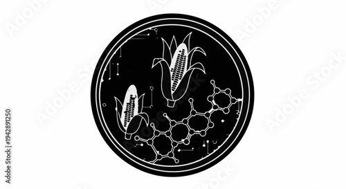 Abstract illustration of botanical elements and molecular structures in a circular frame.