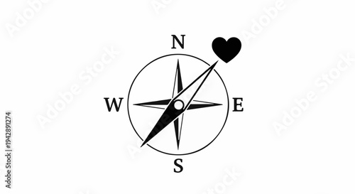 Compass with heart pointing towards North, symbolizing love and direction.