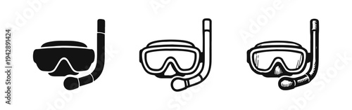 Snorkel Mask and Tube Icon Set. Vector Black and White Isolated Graphics of Diving and Water Sport Equipment.