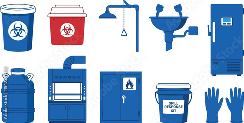 Medical laboratory safety storage icons with biohazard bin sharps container cryogenic freezer fume hood in safety blue white for lab safety design