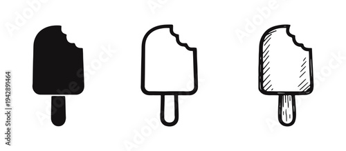 Popsicle or Ice Lolly Icon Set. Vector Black and White Isolated Graphics of a Bitten Frozen Summer Treat.