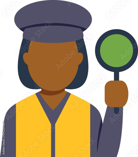 Woman wearing a safety vest and cap holding a green signal paddle for traffic control