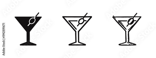 Martini Cocktail Icon Set. Vector Black and White Isolated Graphics of an Alcoholic Drink with Olive.