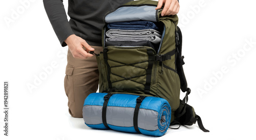 Man packing clothes and sleeping bag into green backpack for outdoor adventure travel
