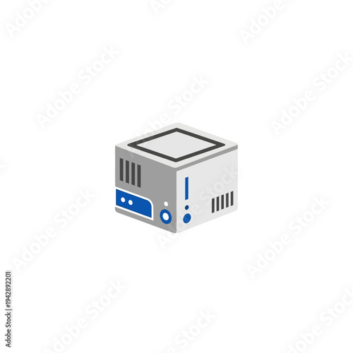 A sleek isometric illustration of a compact computer server, representing digital infrastructure, data processing, and backend systems for automated workflows