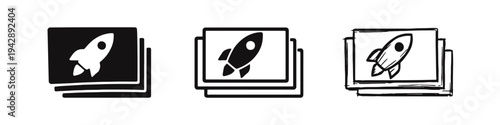 Rocket launch from document stack icon set. Fast file transfer and quick start vector illustration in varied styles.