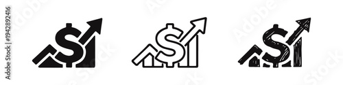 Financial growth dollar icon set. Upward trend with currency symbol and bar chart in three distinct styles.