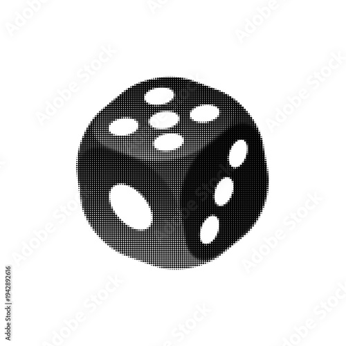 Halftone dotted dice illustration. Monochrome gaming cube isolated on white background. Concept of luck, chance, casino, board game, gambling and probability.