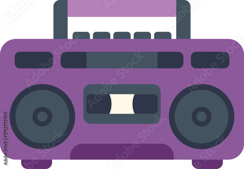 Purple boombox with cassette player and speakers, symbolizing retro music culture