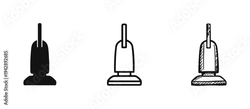 Upright vacuum cleaner icon set. Housework and cleaning vector illustration in solid, outline, and hand-drawn styles.
