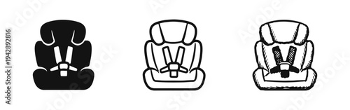 Child car seat icon set. Baby safety and transportation vector illustration in solid, outline, and hand-drawn styles.