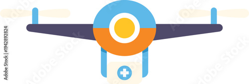 Medical drone flying, carrying a first aid kit with a white cross symbol
