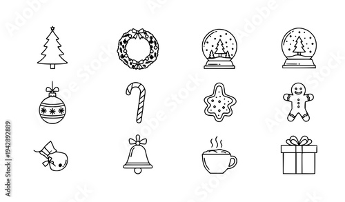 Minimal Christmas holiday line art icon set festive symbols
