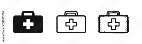 First Aid Kit Icons Set - Medical Emergency Bag Symbols in Solid, Outline, and Hand-Drawn Styles