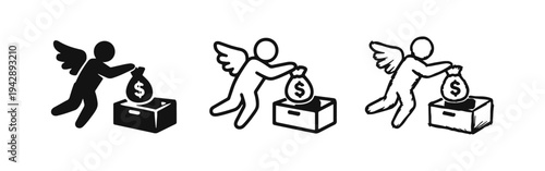 Angel with Money Bag Donation Icons - Charity and Financial Giving Symbols in Various Styles